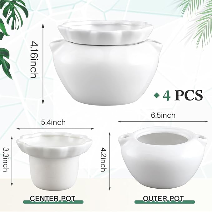4 Set 6 Inches African Violet Pots Self Watering White Ceramic Pot for Indoor Plants, Flowerpot with Highly Absorbent Inner Pot for Busy Plant Lovers,Plant Care