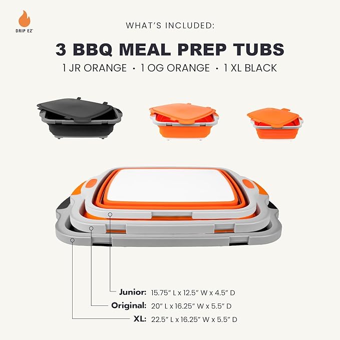 Drip EZ Collapsible BBQ Prep Tubs 3-Piece Set- For Meal Prep Marinating Food Storage - Includes Cutting Board & Lid - (1) JR - Orange + (1) OG - Orange + (1) XL - Black