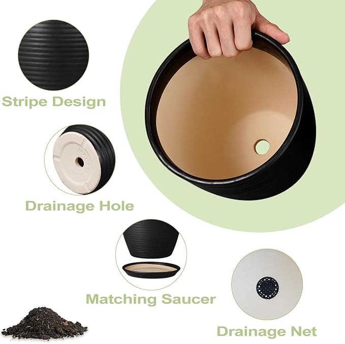 12 Inch Pots for Plants - Ceramic Planter Pot, Large Flower Pot with Drainage Hole and Saucer for Home Patio Garden Office Indoor Outdoor, Black