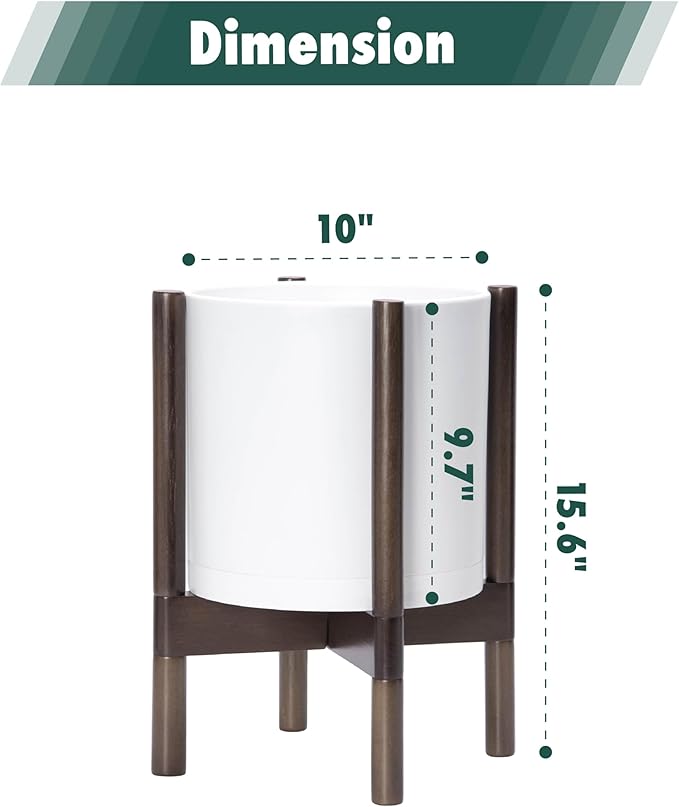 D'vine Dev Planter Pot with Stand - 10 Inch Plastic Cylinder Flower Pot with Wood Planter Holder for Indoor, Matte White Pot + Walnut Color Stand, 55-C-L-1