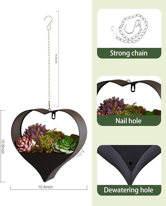 Metal Hanging Planters for Indoor & Outdoor Plants -12 Inch Heart Shaped Planters for Wall or Window,Garden or Indoor Decor for Women(Black)