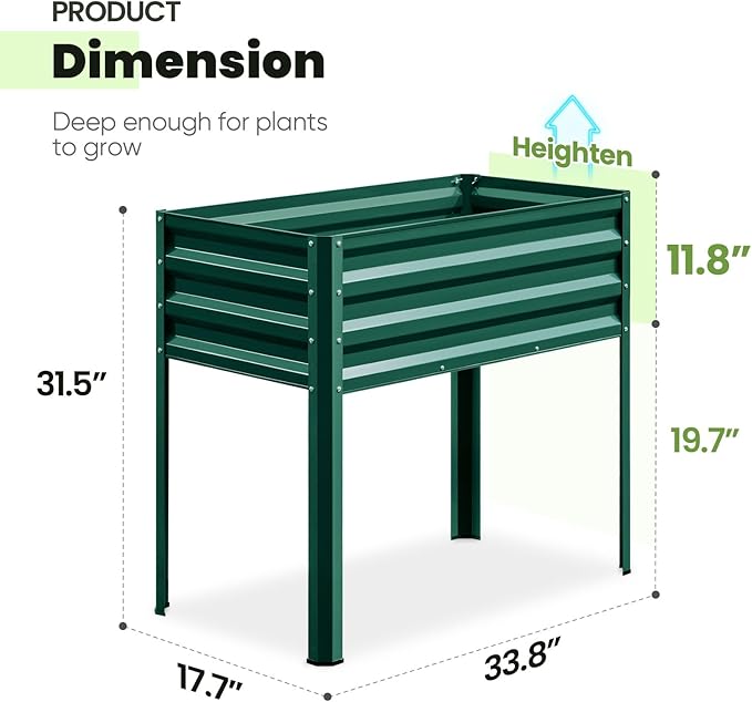 KING BIRD Raised Garden Bed with Legs Galvanized Elevated Planter Box for Backyard, Patio, Balcony, 33.9x17.7x31.5in, Green