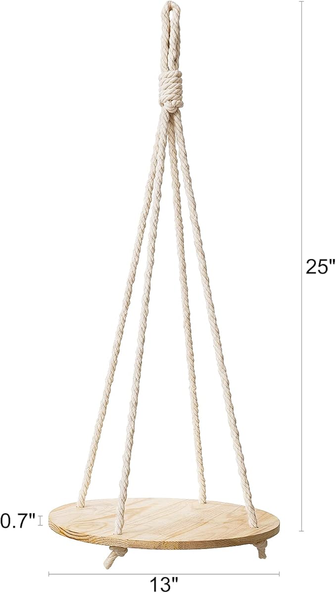 Dahey Hanging Plant Shelf Round Wood Rope Hanging Floating Shelf Vintage Home Decor Display Planter Rack for Living Room Bedroom Kitchen Room,Nature