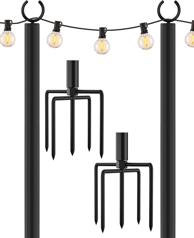 LAND·VOI Metal String Light Poles for Outside Hanging - Backyard, Garden, Patio, 4 Pack Lighting Stand with Adjustable Height for Outdoor Parties, Wedding, Extra-Long 5-Prong Claws, (9.6FT) FLP04B