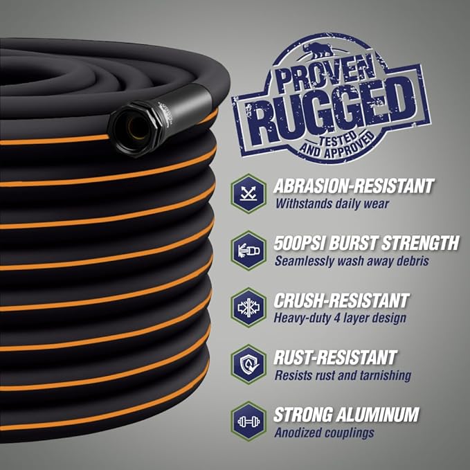 Rugged Rhino Heavy Duty Flexible Light Weight Garden Hose, 100ft x 5/8in, 4 Layer Leakproof Outdoor Gardening Tools, Watering Supplies, Powerful Water Pressure for Lawn, Flowers, Black Orange