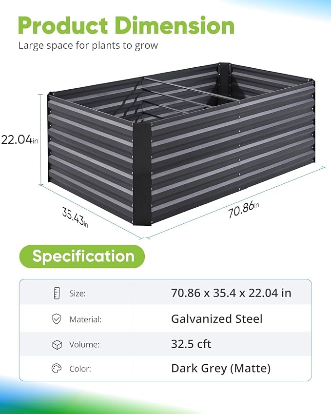 Quictent Galvanized Raised Garden Bed 6x3x2 Ft Metal Planter Box Bottomless for Backyard Outdoor, Include 1 pc Tomato Cage (Dark Gray)