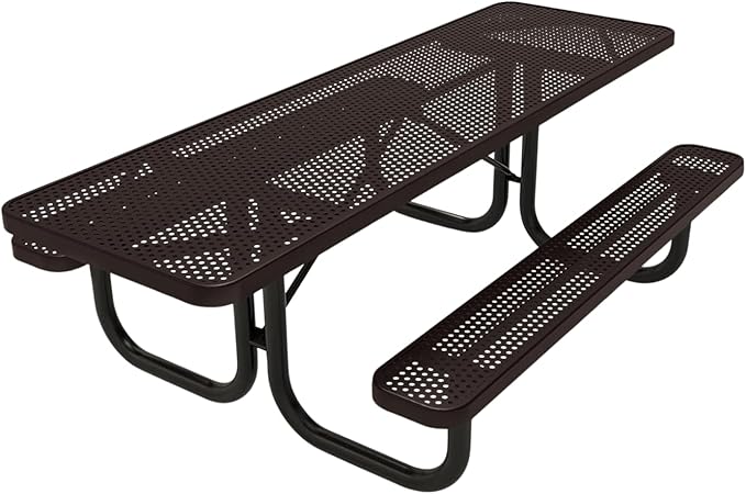 Heavy-Duty Portable ADA-Compliant Outdoor Picnic Table, Punched Steel Patio Dining Furniture Made in America (8ft Rectangular, Both-Side Handicap, Brown)