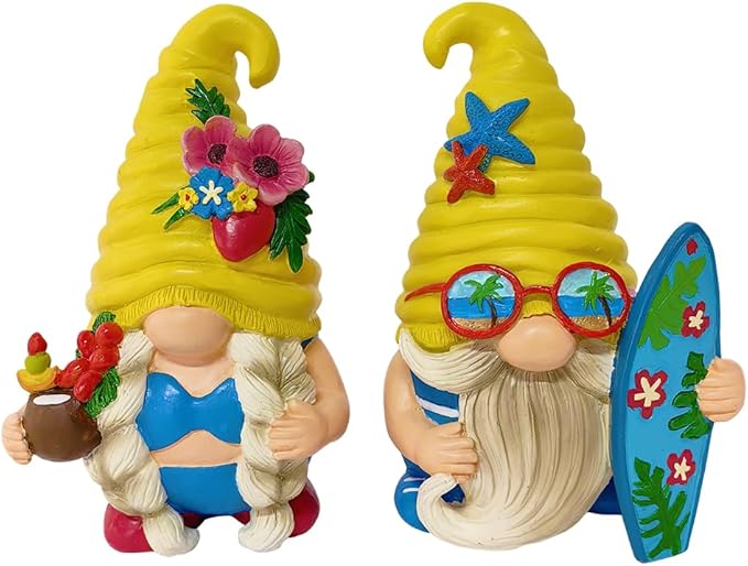 Spring & Summer-Themed Garden Statues – Adorable Outdoor Decor for Lawn, Patio & Porch (Tropical Beach Gnome Duo Figurine Set, Cute 6" Summer Decoration Garden Statue)