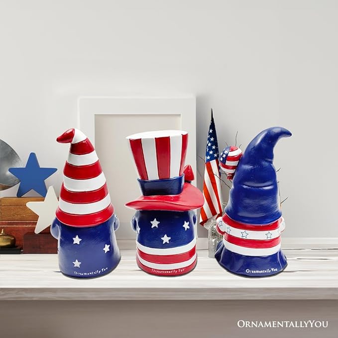 Spring & Summer-Themed Garden Statues – Adorable Outdoor Decor for Lawn, Patio & Porch (Patriotic Gnome Trio Figurines, 6" Set of Three Garden Statues and July 4th Decoration)