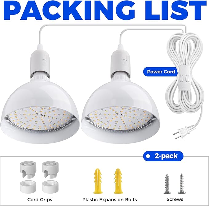 Barrina LED Grow Light Bulb, 50W (2 x 25W) Full Spectrum, with 16.4FT Power Cord, Hanging Grow Lights for Indoor Plants, Large Tall Plant, Garden, Flowers, Greenhouse, 2-Head