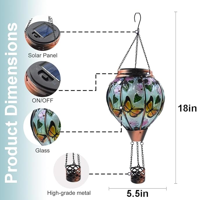 Hot Air Balloon Solar Lantern with Flickering Flame, Glass Hanging Garden Lights Outdoor Waterproof for Tree Yard Patio Mother's Day Gift, 18" H Butterfly