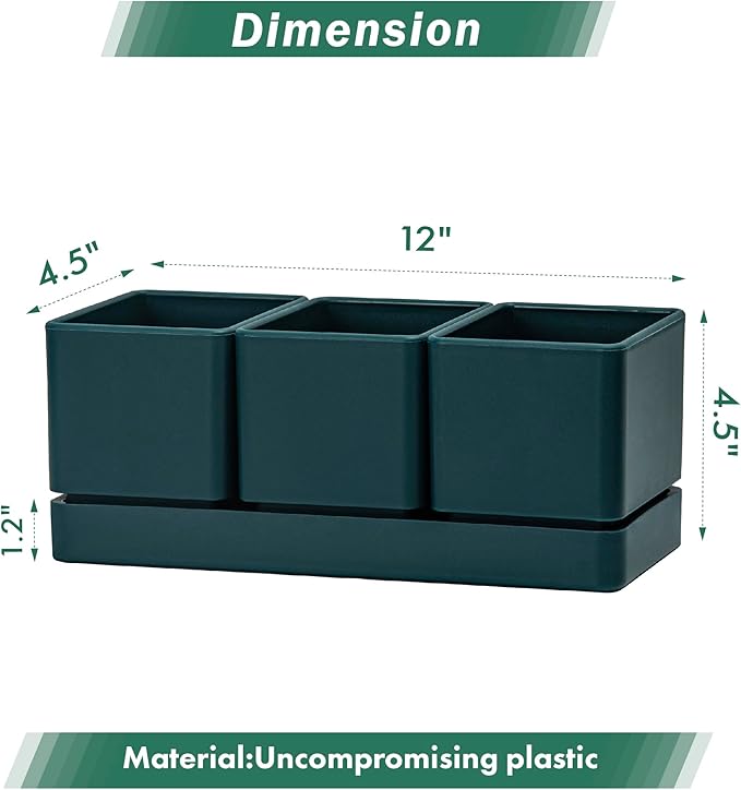 D'vine Dev Herb Garden Planter Set, Plastic Plant Pots with Drainage and Saucer, Indoor Succulent Cactus Vegetable Pot for Windowsill, Garden Balcony, Green, Set of 1, 76-V-C-1