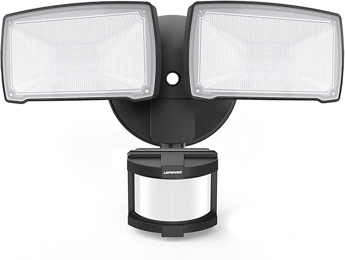 LEPOWER LED Security Lights Motion Sensor Light Outdoor, 30W 3200LM Motion Security Light, 5500K, IP65 Waterproof, 2 Head Motion Detector Flood Light for Garage, Yard, Porch, Black (Not Solar Powered)