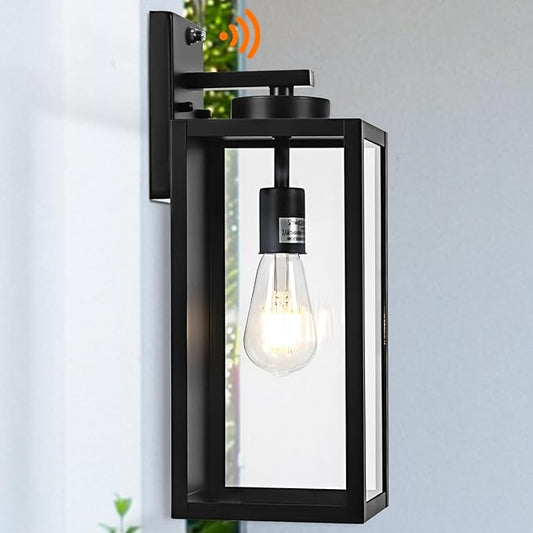 Dusk to Dawn Outdoor Wall Light Fixture, 16" Large Exterior Black Lantern Waterproof, Farmhouse Porch Sconce Lighting, Modern Wall-Mounted Outside Lights for House Garage, Patio Lamp