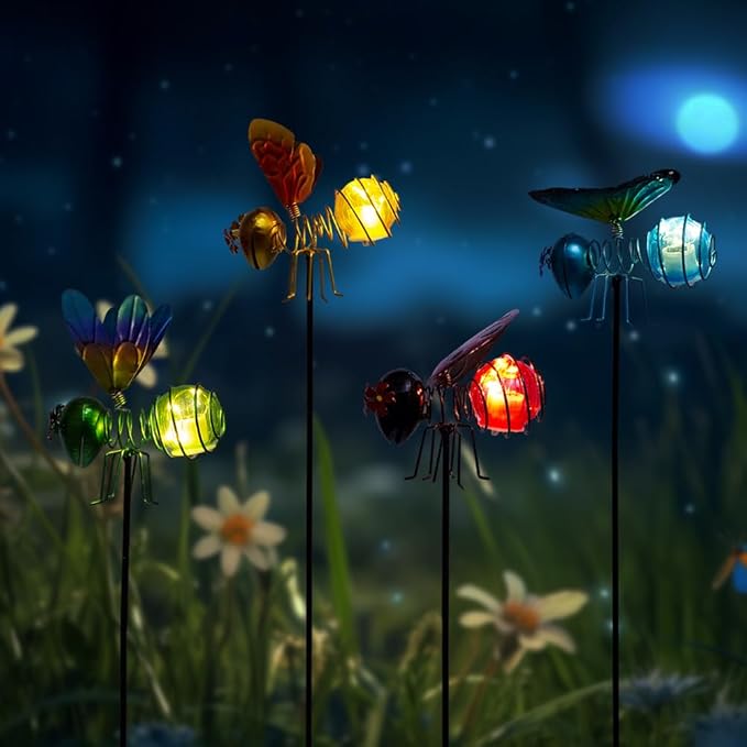 Insects Solar Garden Lights, 22.4" H Butterfly & Bee & Dragonfly & Ladybug Solar Stake Light, 4 Pcs Outdoor Statues Figurine Lights for Spring Garden Lawn Patio Yard Decoration