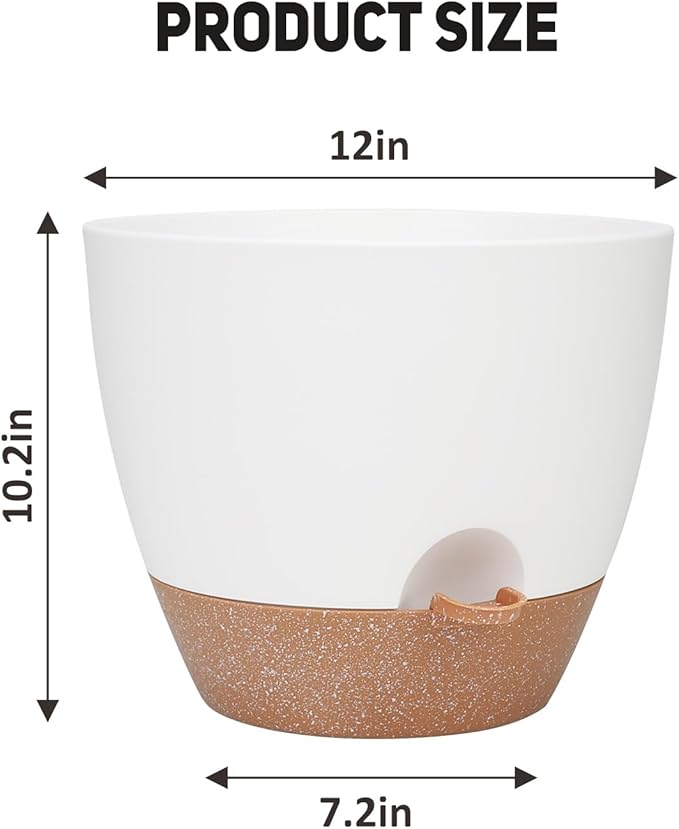 12 Inch Large Self Watering Plant Pot Set, Flower Pots with Multi-Mesh Drainage Holes and Saucer, Suitable for Indoor and Outdoor Garden Plants, White.