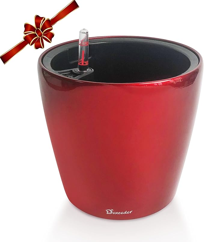 Dexceder 9x8 Inches High Gloss Self Watering Planter Indoor Outdoor, Inner Pot Design, Thickened Table Flower Plant Pot with Water Level Indicator (Red)