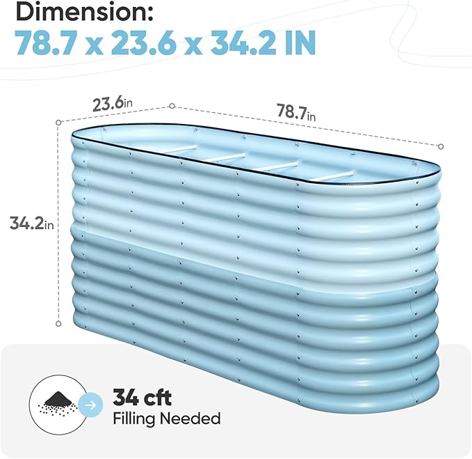 KING BIRD Raised Garden Bed 2.85 ft Tall 9 in 1 Galvanized Planter Garden Box Outdoor for Gardening, Deep Root Vegetables, Flowers 78.7X23.6X34.2 in, Light Blue