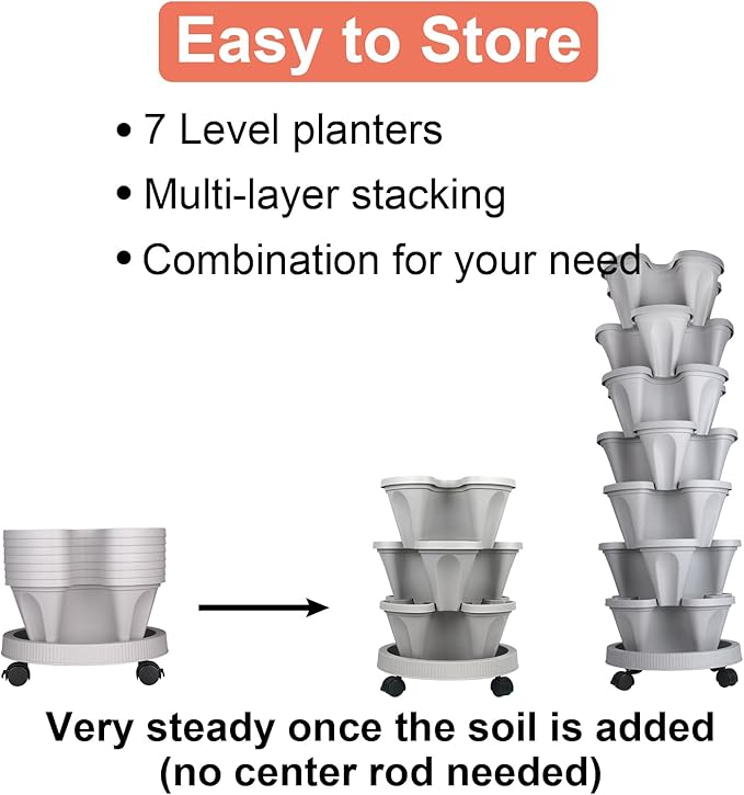 Vertical Planter 7 Tier Stackable Planters Garden Planters Strawberry Herb Flower and Vegetable Planter Indoor Outdoor Gardening Pots with Removable Wheels and Tools