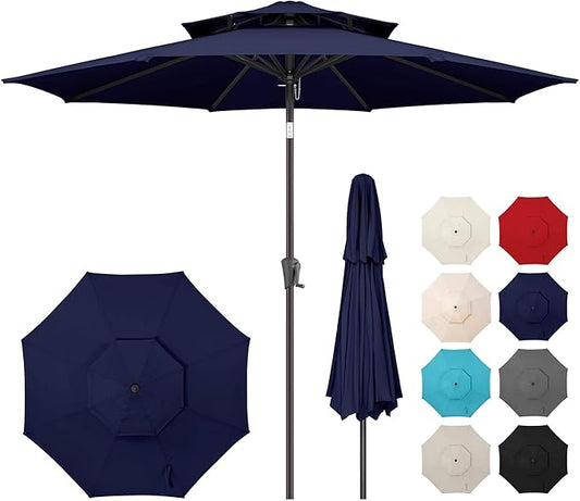 9ft Outdoor Patio Umbrella - 2 Tiers Table Umbrella Waterprool UV Protection, Sombrillas de Patio with Push Button Tilt&Crank, Sun Umbrella for Pool, Porch, Garden, Backyard(Dark Blue)