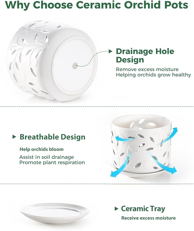 EFISPSS Orchid Pot with Holes, 5+6Inch Ceramic Plant Pots with Drainage Holes and Tray, Promoting Air Circulation and Drainage, Indoor/Outdoor White Flower Pots