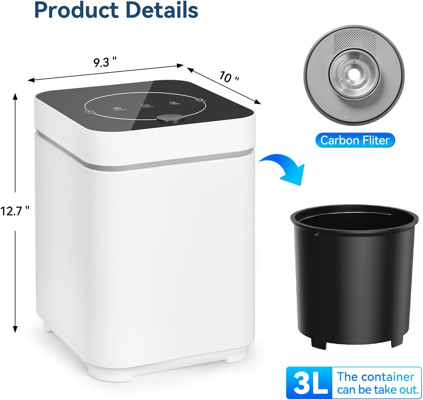 3L Kitchen Smart Electric Countertop Composter with LED Display and Auto-Cleaning, Turns Food Waste into Fertilizer with Replaceable Carbon Filter, Bio-Pack for Fermentation