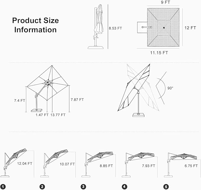 PURPLE LEAF 9' X 12' Left-right Tilting Outdoor Patio Umbrella Swivel Offset Cantilever Heavy Duty Rectangle Aluminum Umbrella with UV Resistant for Deck Pool Patio Backyard, Pebble Grey
