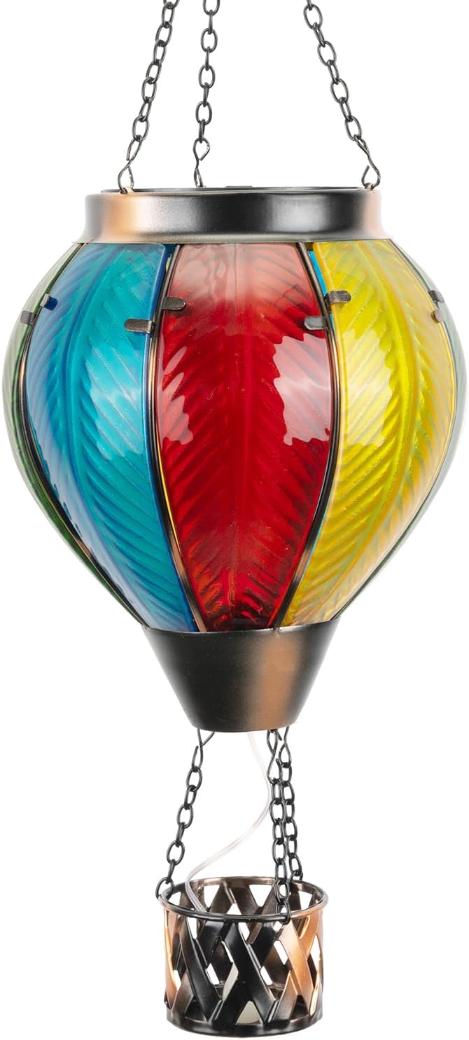Hot Air Balloon Solar Lantern with Flickering Flame, Hanging Solar Lantern Metal Outdoor Waterproof Lights for Garden Yard Porch Patio Decorations Christmas Gifts (Multi-Colored Glass)