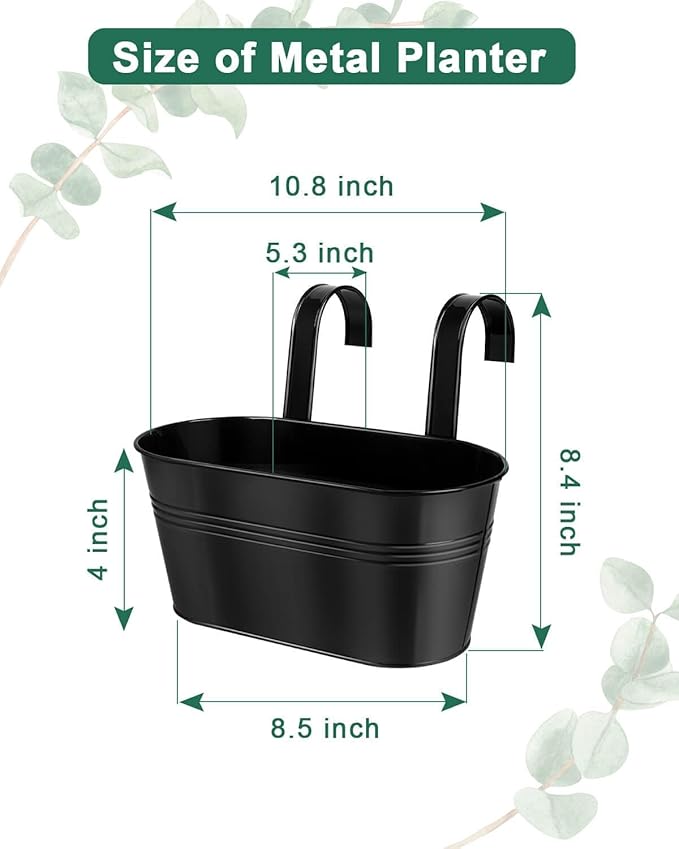 vensovo Metal Railing Planter for Outdoor Plants - 5 Pack Balcony Hanging Flower Pots with Detachable Hooks and Drain Holes Oval Bucket Rail Box Fence Planters for Home Garden Decor, Black