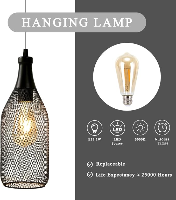 JHY DESIGN Hanging Lamp Black Battery Powered Decorative Pendant Lamp Metal Cage Battery Lamp with 6 Hours Timer for Bar Bedroom Garden Parties Patio Indoor Outdoor Living Room(Wine Bottle Shaped)