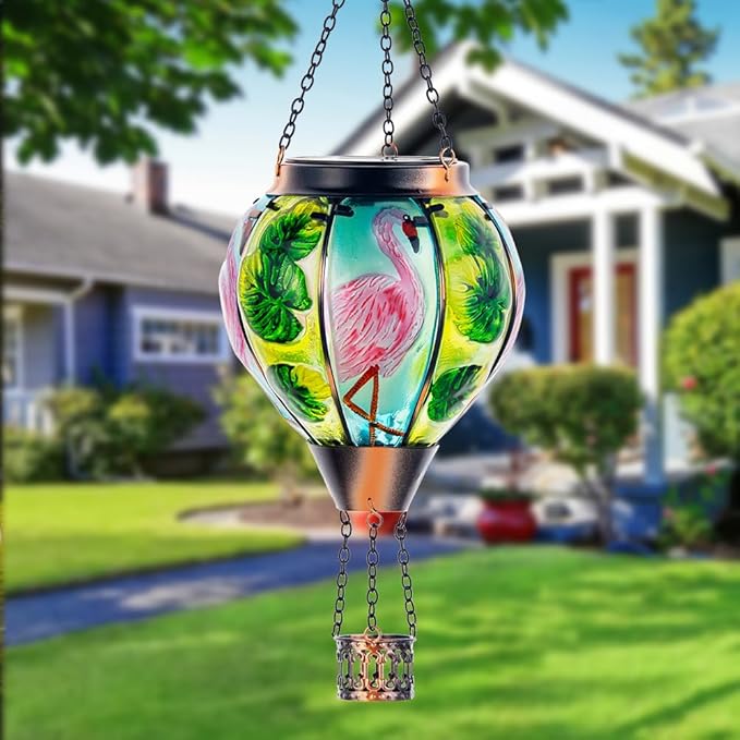 Starsoul Flamingo + Hummingbird Solar Lantern Solar Hot Air Balloon Flickering Flame Hanging Garden Light Stained Glass & Metal Outdoor Lantern Waterproof Hummingbird Hanging Lantern