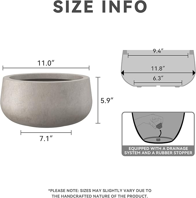 Kante 11.8" Dia Round Concrete Planter, Cement Plant Pots with Drainage Hole and Rubber Plug for Outdoor Indoor Garden Home, Modern Curvaceous Design, Weathered Concrete