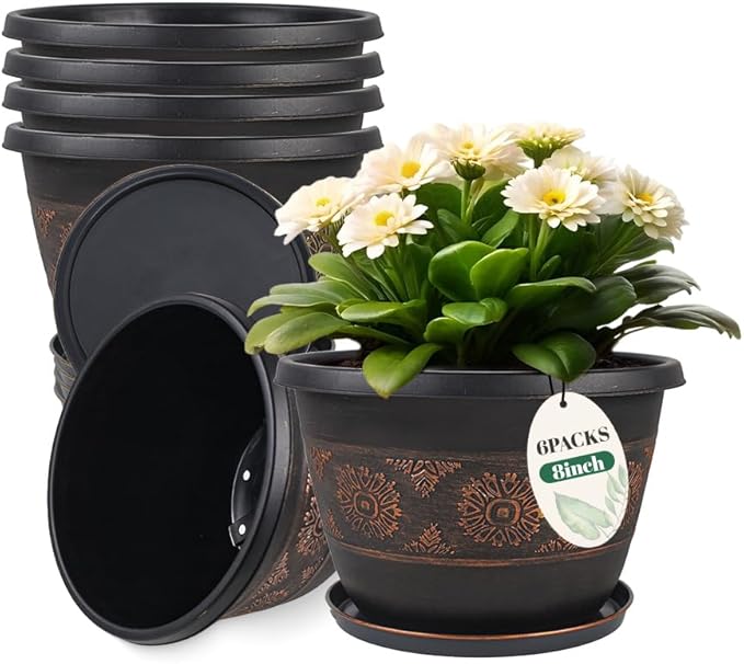6 Pack 8 inch Plant Pots, Retro Pattern Planters with Drainage Holes and Saucer, Sturdy Plastic Garden Flower Pots for Indoor & Outdoor Plants