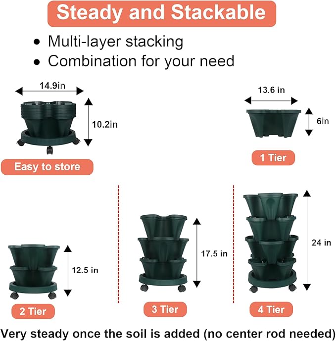 Vertical Planter 4 Tier Stackable Planters Garden Planters Strawberry Herb Flower and Vegetable Planter Indoor Outdoor Gardening Pots with Removable Wheels and Tools 2-Pack