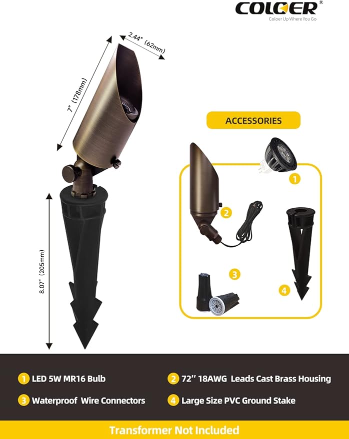 COLOER Brass Landscape Spotlights, 10 Pack Spotlight Fixture Outdoor with 5W Aluminum Housing MR16 LED Bulb 2700K 450LM, 12V AC/DC Low Voltage Landscape Lighting, Uplight for Garden and Patio(103B)