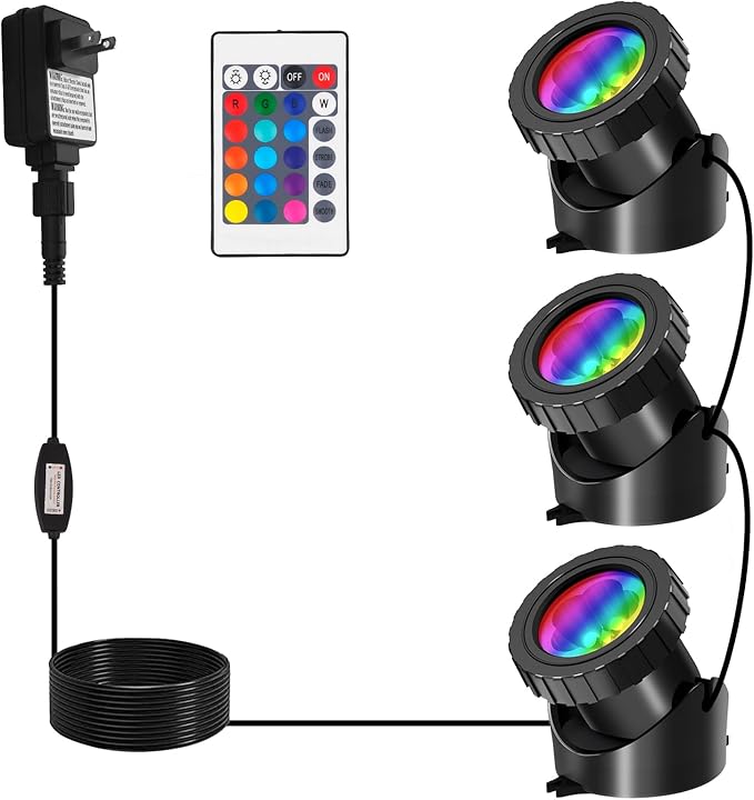 T-SUN LED Pond Light, 3 Head Lamps Submersible LED Pond Lights Color Changing Garden Pond Light with Remote Control, RGB Fish Tank Lights Fountain Spotlight for Garden, Pool, Aquarium Tank(3 Headlamp)
