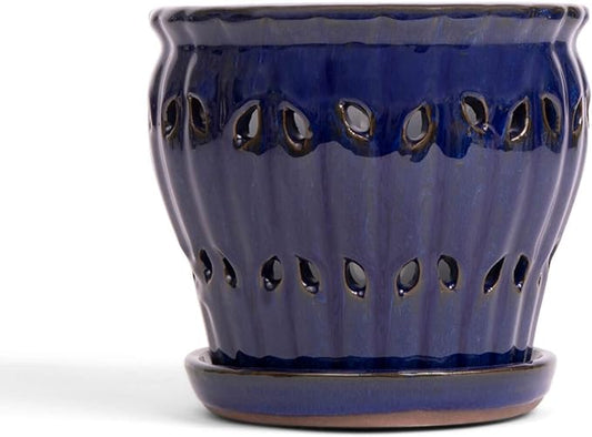 rePotme 6" Pinwheel Fluted Ceramic Plant Pot (Midnight Blue) - Great for Orchids, All Indoor Plants - Includes Matching 6 inch Slotted Pot Liner