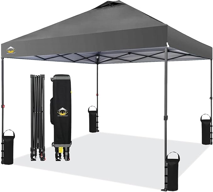 CROWN SHADES 10x10 Pop Up Canopy Tent - Patented Center Lock One Push Instant Outdoor Canopy Beach Tent with STO-N-Go Bag 8 Stakes & 4 Sand Bags，Grid Grey