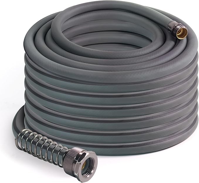 5/8’’ Heavy Duty Garden Hose 100 ft – Outdoor Hybird Water Hose with Solid Fitting - Flexible, Kinkless, Lightweight Garden Hose for Lawn Watering, Car Washing - Burst 500 Psi (Grey,100 ft)