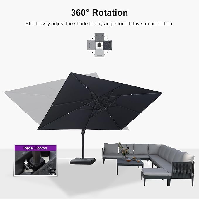 PURPLE LEAF 10' × 13' Patio Cantilever Umbrella with Base Outdoor Rectangle Adjustable Offset Umbrellas with 360-degree Rotation and 8 Heavy Duty Metal Ribs for Garden Deck Pool Grey