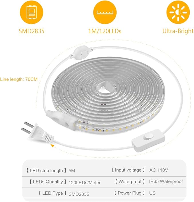 Super Bright Outdoor LED Strip Lights, AC 110V 3500K Flexible LED Rope Lights Waterproof 600 LEDs 16.4ft LED Light Strip for Garden Patio Cabinet Bedroom Indoor Outdoor Decoration (16.4FT,Warm White)