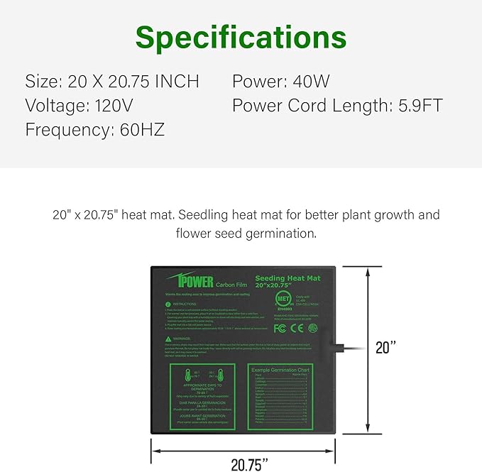 iPower 20" x 20" Waterproof Durable Seedling Heat Mat with Controller Warm Hydroponic Plant for Indoor Gardening Germination Starting