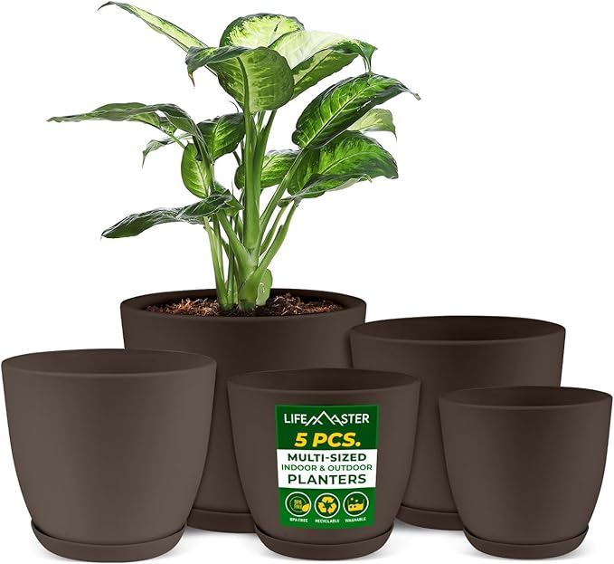 Planter Pots with Drainage Holes - Lightweight, Durable & Space-Saving Pots for Indoor and Outdoor - Versatile Functionality, Simple Modern Design, Set of 5 Plastic Planter Pots - Brown