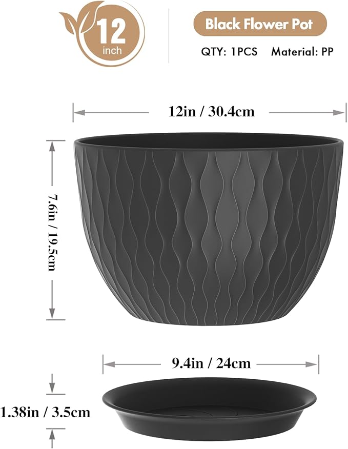 12 Inch Large Plant Pots for Indoor or Outdoor Plants, Wide Water Ripples Flower Pots with Drainage Holes & Saucer, Plastic Planters Set for Garden & Home Decor (Black)