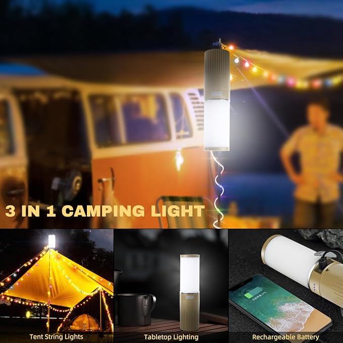 Camping Lantern with 49.2FT String, 2 in 1 Outdoor RGB String Lights with 4 Modes & 5 Modes Rechargeable Camping Lamp IPX4 Waterproof Portable LED Tent Light for Outdoor Yard Garden Decoration