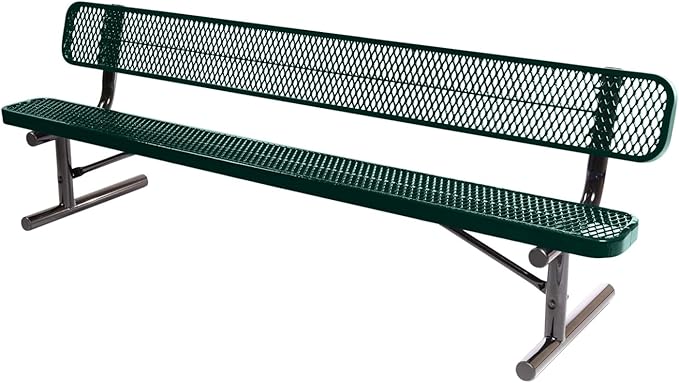 Heavy-Duty Portable Outdoor Bench Thermoplastic Coated, Expanded Metal, Commercial-Grade Seating, Made in America (Portable with Back, 8 Ft, Dark Green)