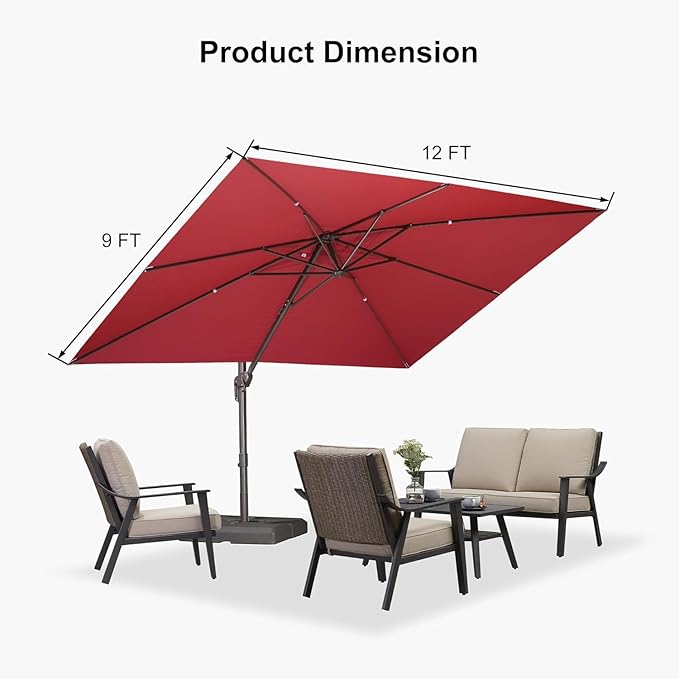 PURPLE LEAF 9' X 11.5' Rectangle Cantilever Umbrella Patio Umbrella Outdoor Aluminum Offset Hanging Umbrella with 360-degree Rotation for Pool Garden Backyard Deck, Terra