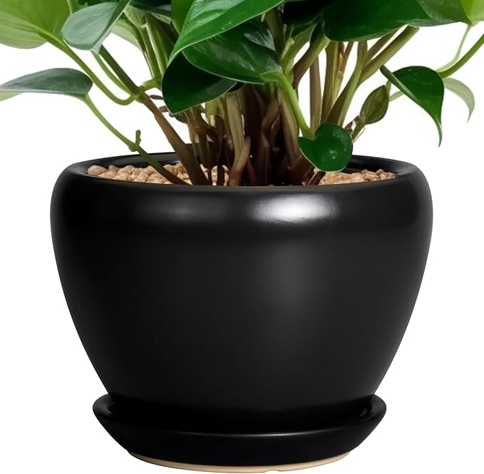 Ceramic Planter Pot - 6 Inch Plant Pot with Drainage Hole and Saucer Round Planter for Indoor Plants Outdoor Succulent Pot Modern Flower Pot for Home Decor Black