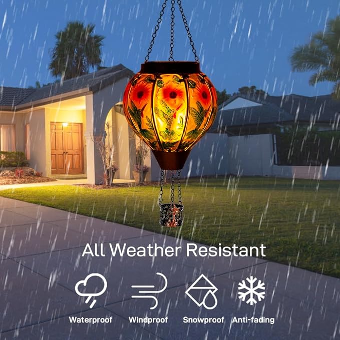 DREAMSOUL 2PCS Hummingbird Hot Air Balloon Solar Lantern, Hanging Glass Solar Lanterns Outdoor Waterproof for Garden Tree