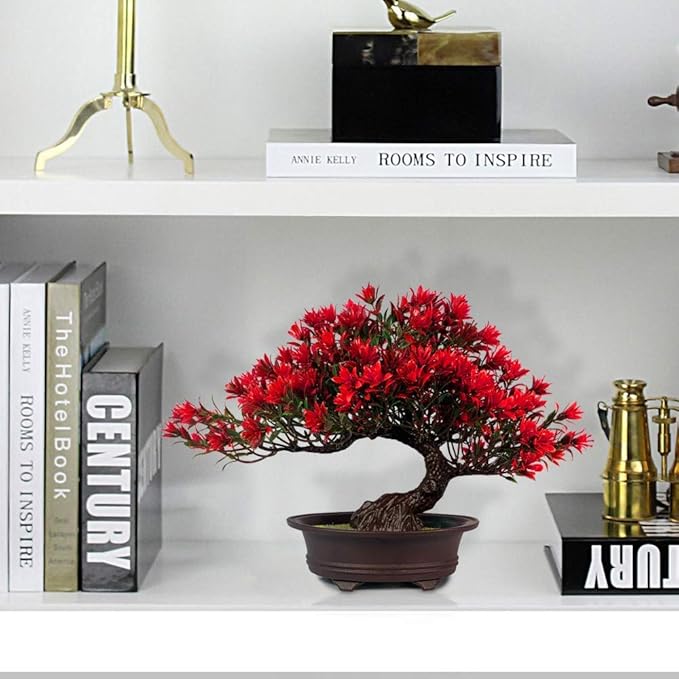 Fake Plants Plastic Artificial Bonsai Tree, Red Bonsai Tree for Home Bedroom Office Desk Farmhouse Room Decor, Tall 9.5"